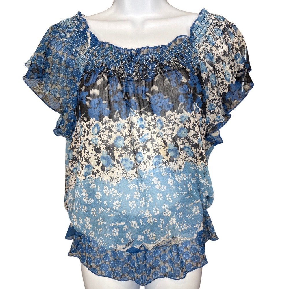 Claudia Richard Womens Blue Floral Chiffon Blouse‎ L Excellent Smocked Boho Top